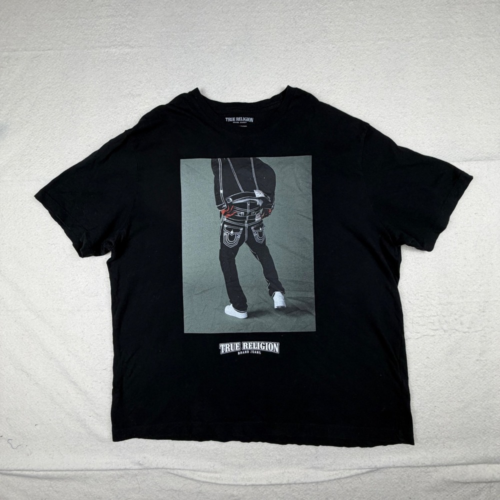 True Religion Mens Black Graphic T-Shirt Relaxed Fit Large Cotton Tee